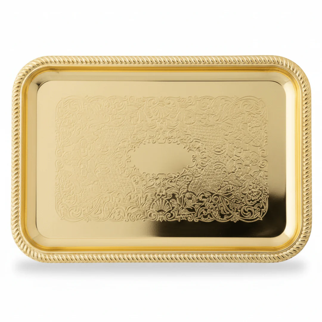 Germax Gold Rectangle Serving Tray 22×15cm – Ornate Engraved Metal Tray