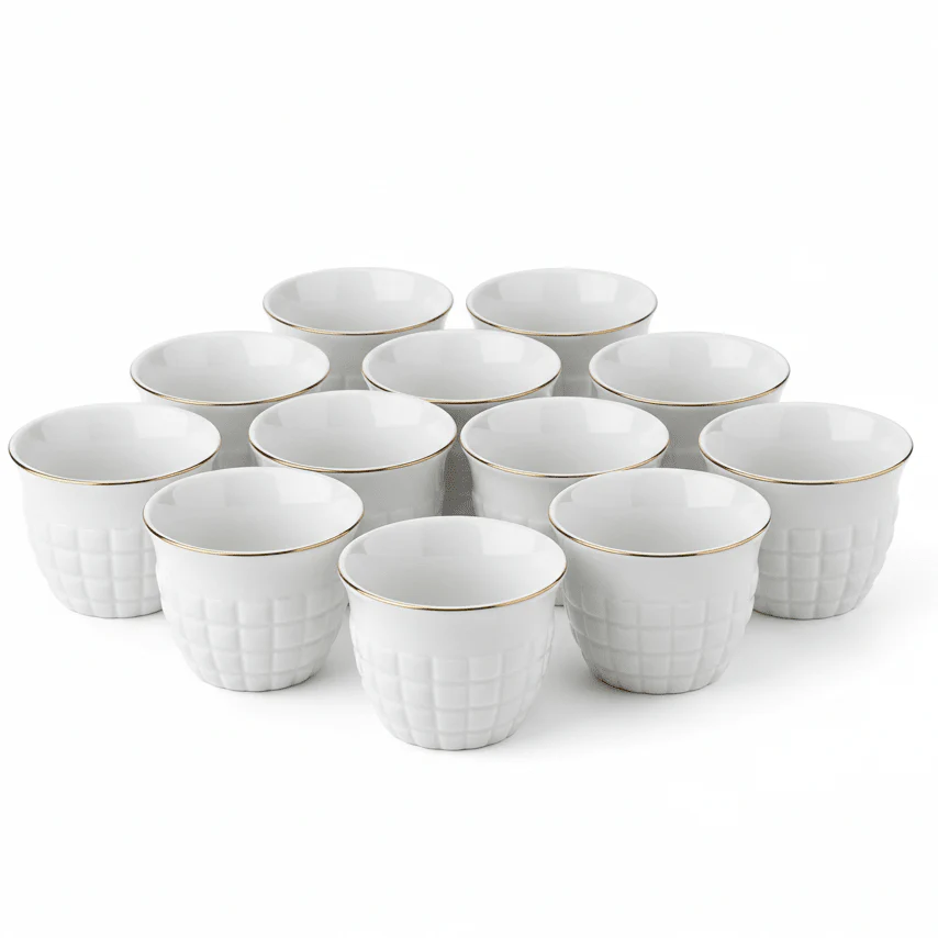 Germax 12pcs White Ceramic Cawa Cup Set with Golden Rim Elegant Classic Design 80ml Premium Small Espresso Cups for Arabic Coffee and Tea Serving