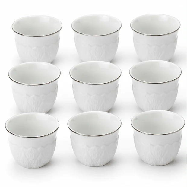 Germax 12pcs White Ceramic Cawa Cup Set with Unique Artistic Design and Golden Rim 80ml Premium Espresso Style Cups for Serving Coffee and Tea