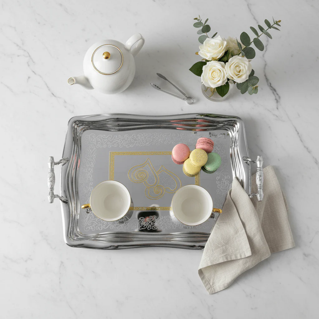 Germax Luxury Silver & Gold Stainless Steel Serving Tray with Handles | 49×32cm | - Image 3
