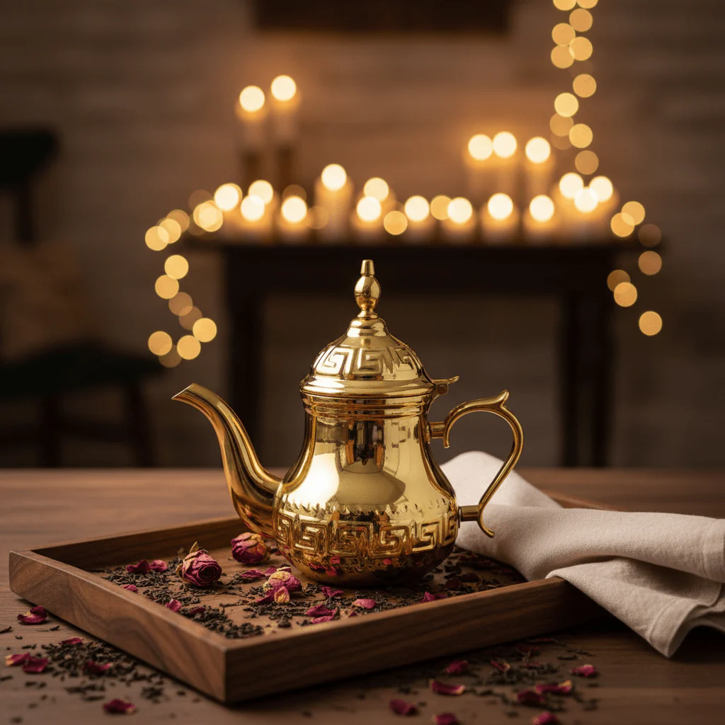 Germax Stainless Steel Tea Kettle 0.8L | Ornate Greek Key Embossed Arabic Design | Gold - Image 2