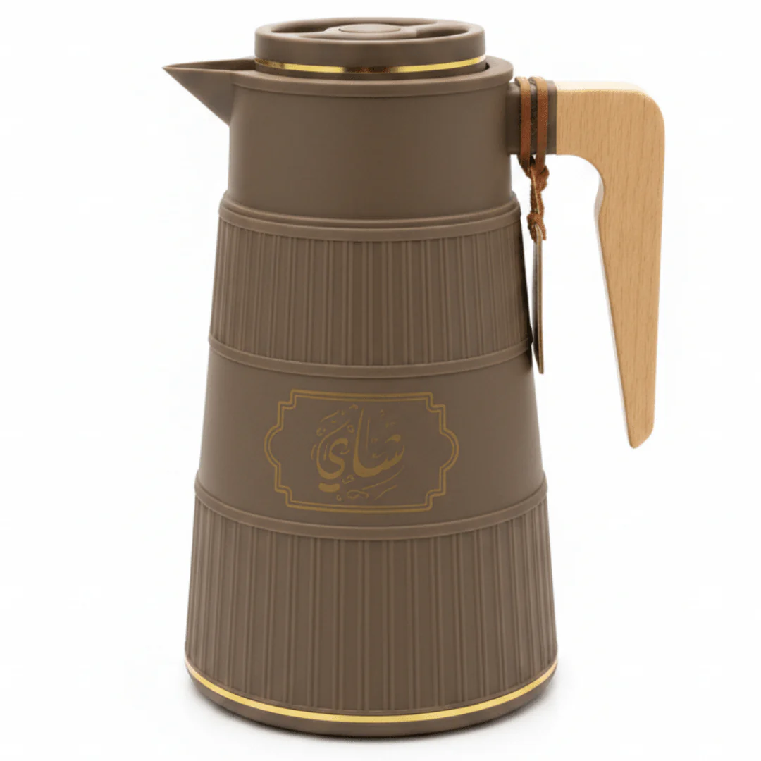 Germax Vacuum Flask 1 Litre | Insulated Arabic Thermos with Wooden Handle – Brown / Sage Grey / Cream