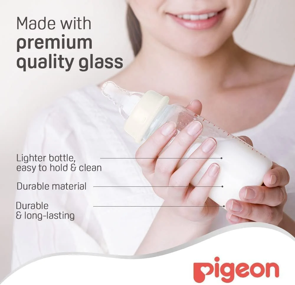 Pigeon Slim Neck Glass Feeding Bottle, Clear Cap, Ultra Soft Silicone Nipple, Anti-Colic, Durable & Long Lasting, BPA & BPS Free, White/Clear, 120ml - Image 2