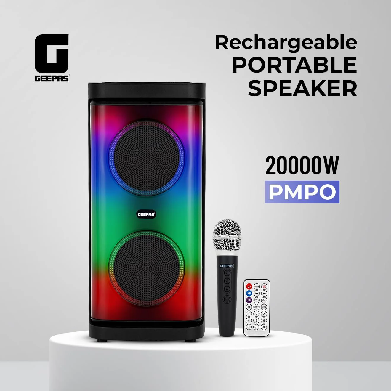 Geepas Rechargeable Portable Speaker- GMS11193/ RGB Light, USB Input, TF, TWS, FM Radio, VHF Microphone, Bluetooth/ 20000W PMPO Speakers Unit, with Remote Control - Image 2