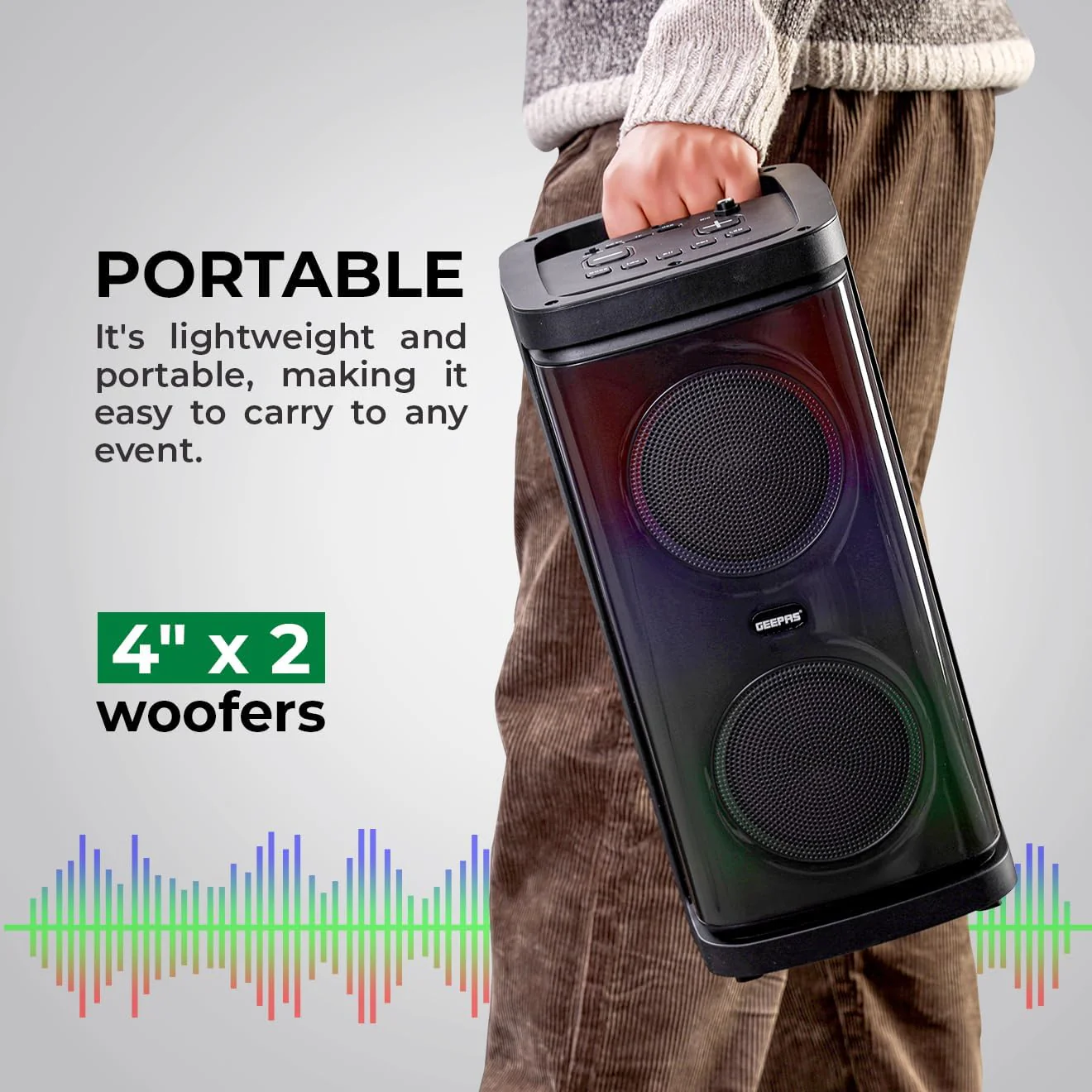 Geepas Rechargeable Portable Speaker- GMS11193/ RGB Light, USB Input, TF, TWS, FM Radio, VHF Microphone, Bluetooth/ 20000W PMPO Speakers Unit, with Remote Control - Image 3