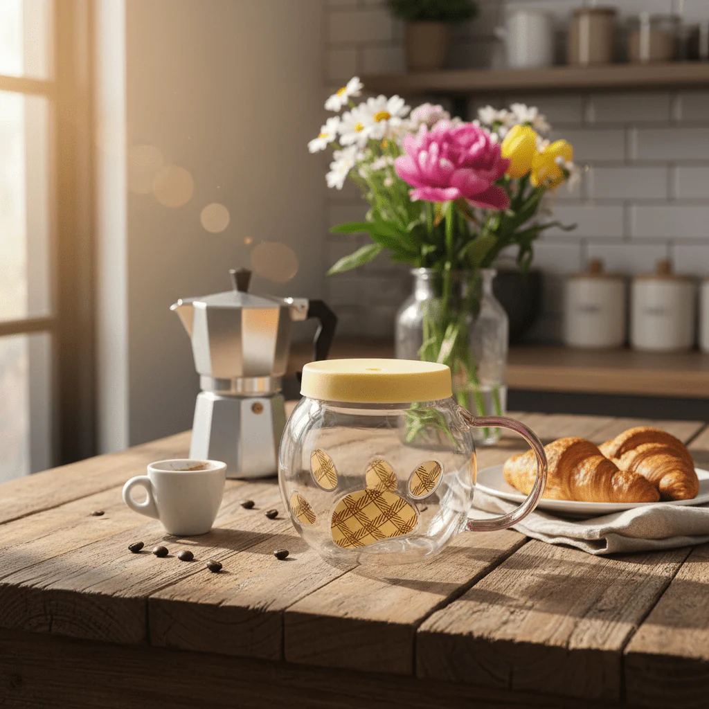 Borosilicate Glass Mug with Silicone Lid & Rose Handle | 300ml | Golden Oval Print - Image 2