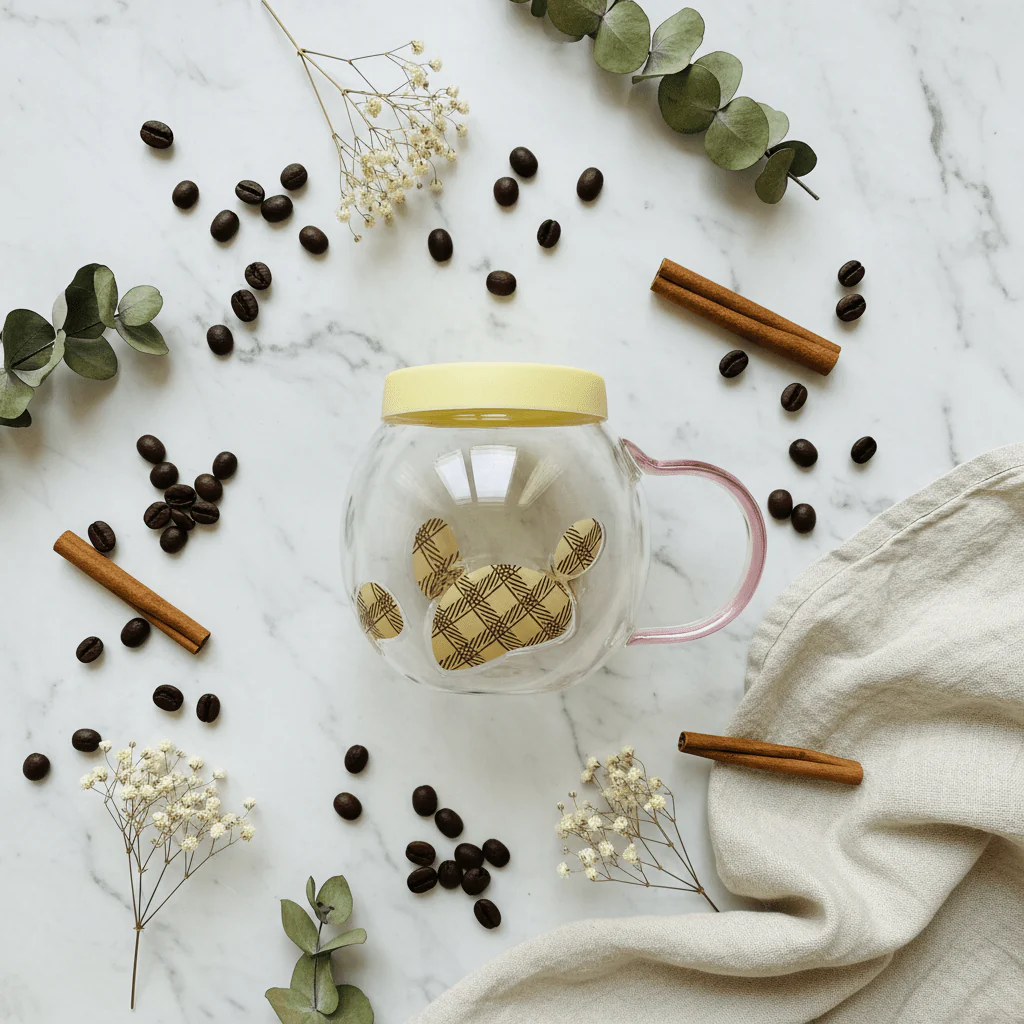 Borosilicate Glass Mug with Silicone Lid & Rose Handle | 300ml | Golden Oval Print - Image 3