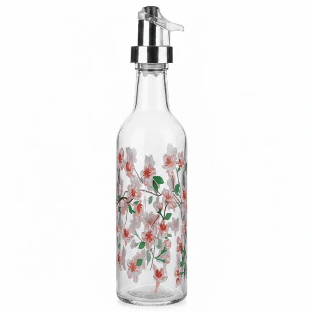 Floral Glass Oil Dispenser Bottle with Pump | Cherry Blossom Design | 25cm