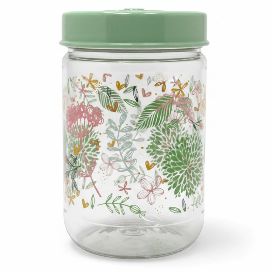 Glass Storage Jar with Mint Green Lid | Floral Print Kitchen Canister | 640ml ||
