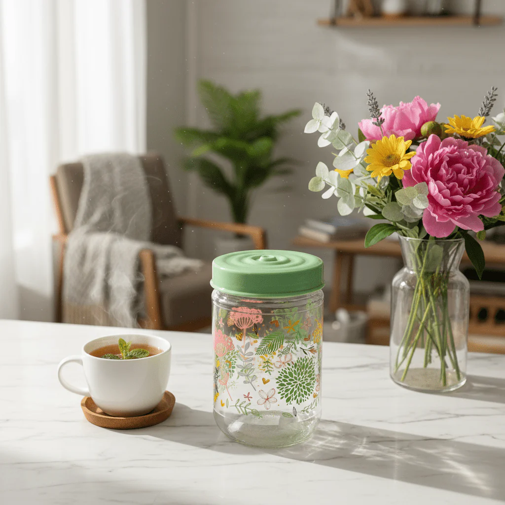 Glass Storage Jar with Mint Green Lid | Floral Print Kitchen Canister | 640ml || - Image 2