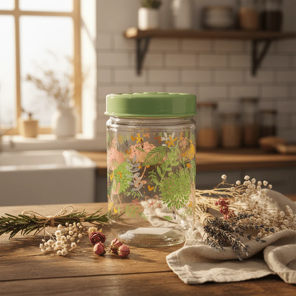 Glass Storage Jar with Mint Green Lid | Floral Print Kitchen Canister | 640ml || - Image 3