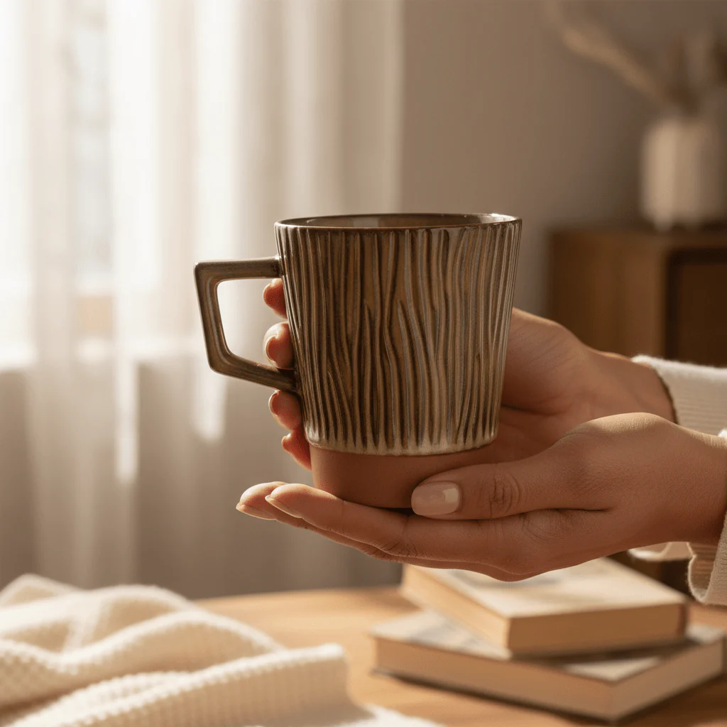 Artisan Ridged Ceramic Mug — Glossy Brown | 300ml - Image 4
