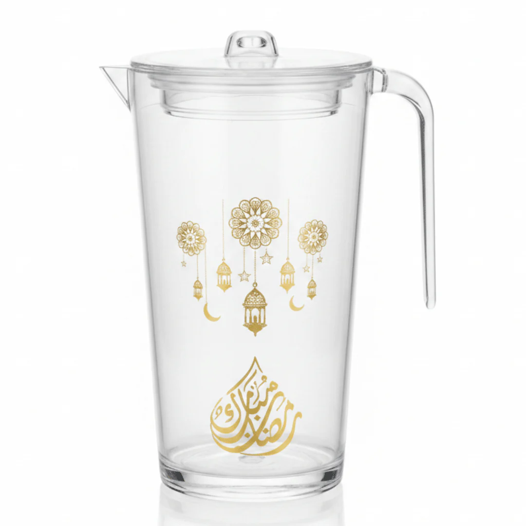 Glow Premium Clear Acrylic Jug with Elegant Gold Arabic Calligraphy & Hanging Lantern Artwork – 2 Litre
