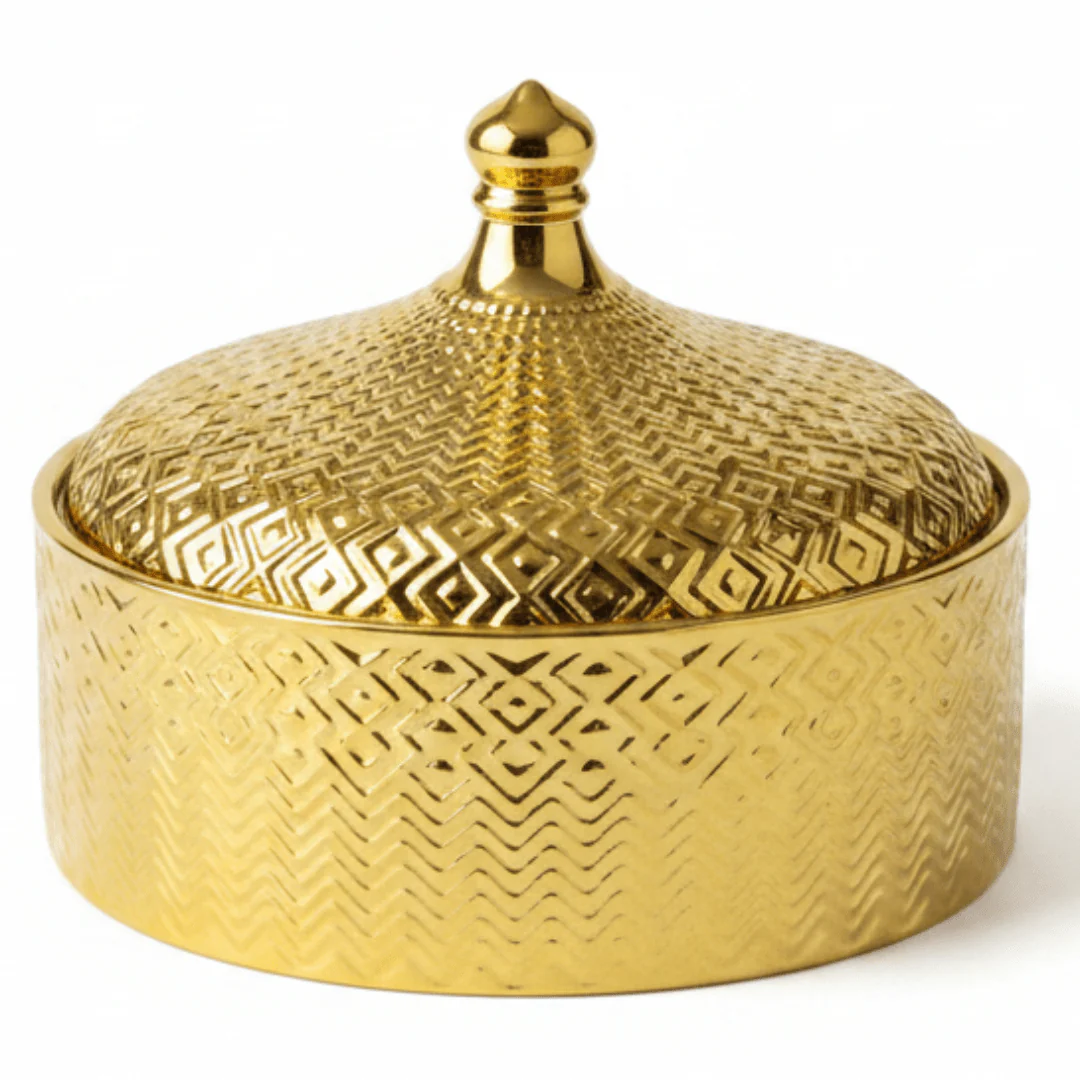 Royal Ceramic Candy Bowl with Lid | Embossed Geometric Design | 18×6 cm | Gold & White,Silver & White |