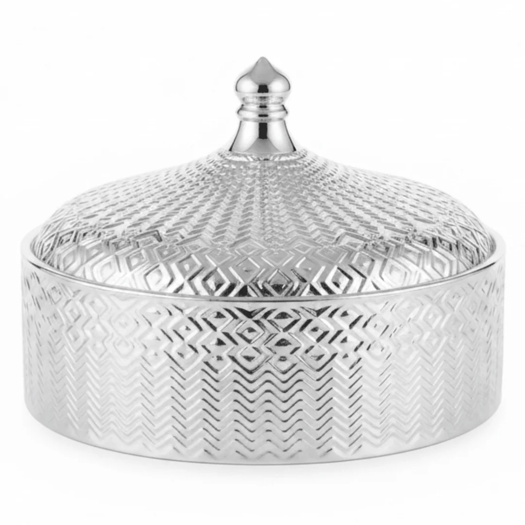 Royal Ceramic Candy Bowl with Lid | Embossed Geometric Design | 18×6 cm | Gold & White,Silver & White | - Image 4