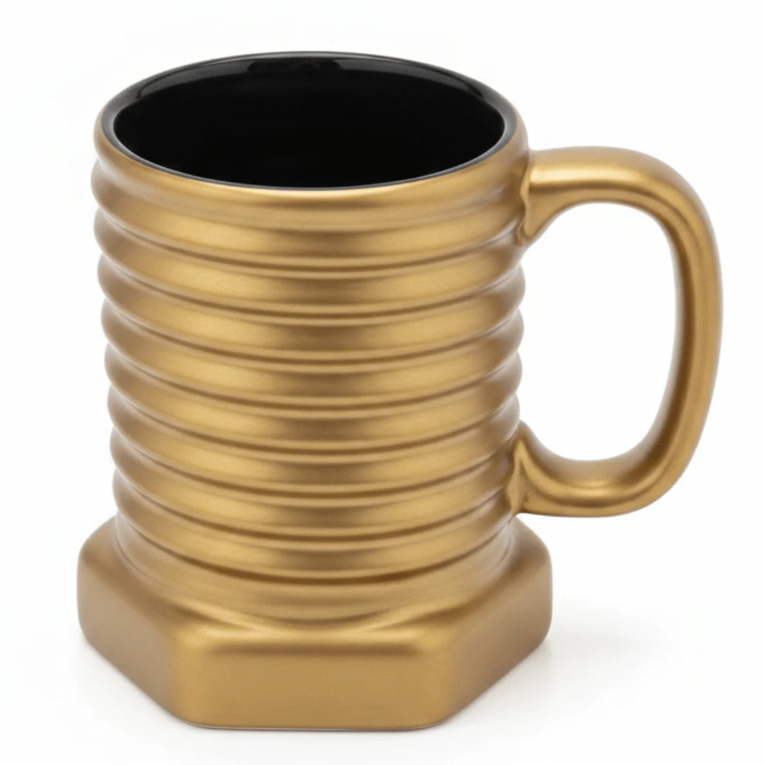 Gold & Black Ribbed Ceramic Mug — 350ml | Luxury Hexagonal Design