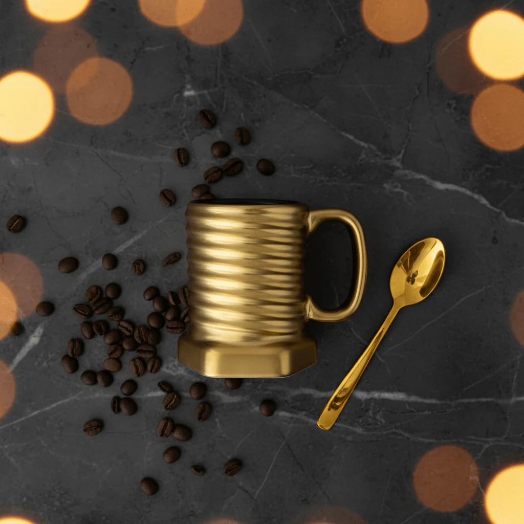 Gold & Black Ribbed Ceramic Mug — 350ml | Luxury Hexagonal Design - Image 2
