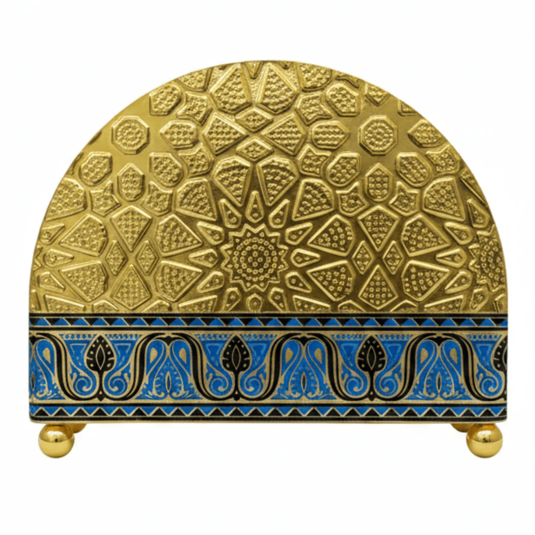 Gold & Blue Enamel Metal Napkin Holder with Geometric Pattern | Decorative Table Organiser | 10×13cm | Majlis & Fine Dining Décor