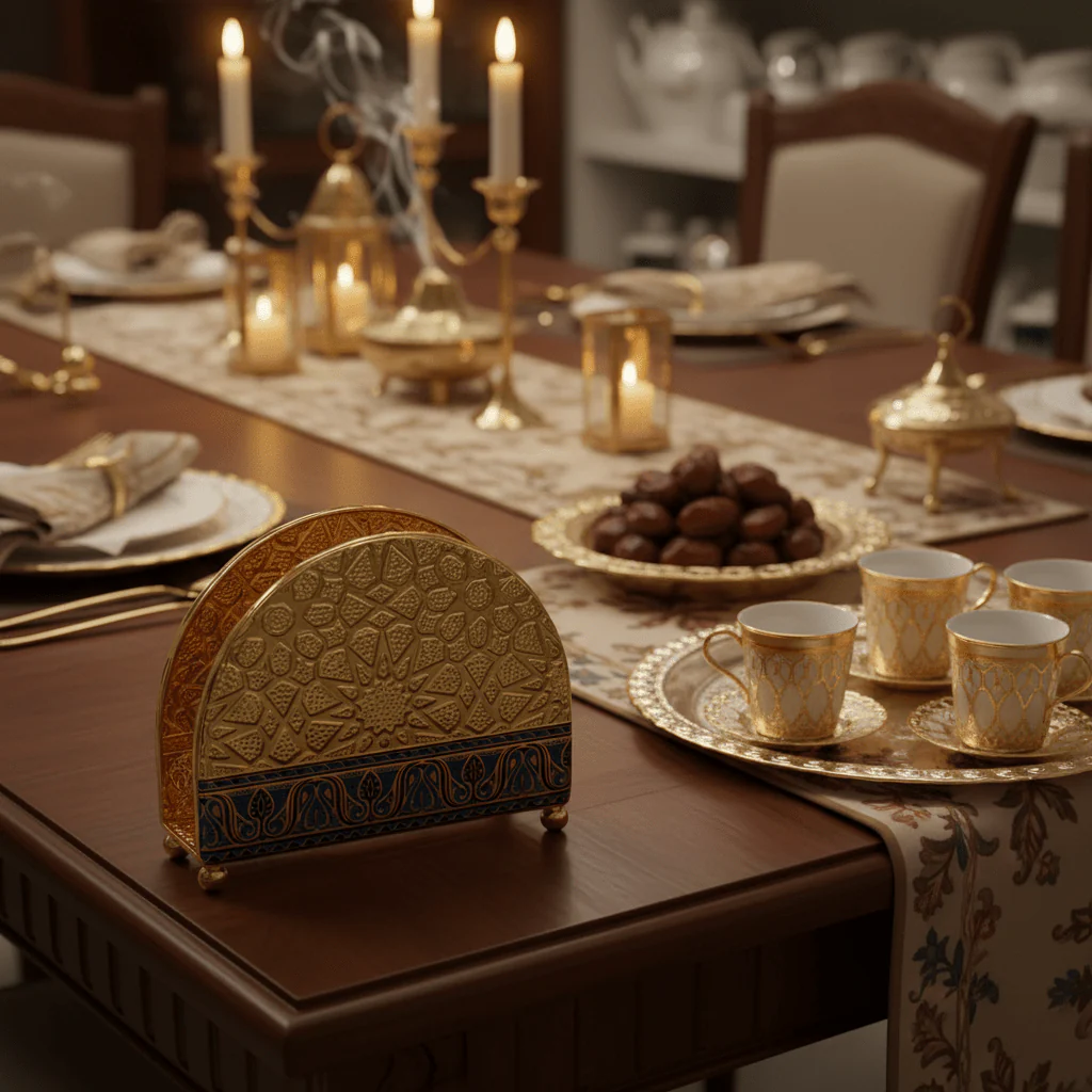 Gold & Blue Enamel Metal Napkin Holder with Geometric Pattern | Decorative Table Organiser | 10×13cm | Majlis & Fine Dining Décor - Image 2