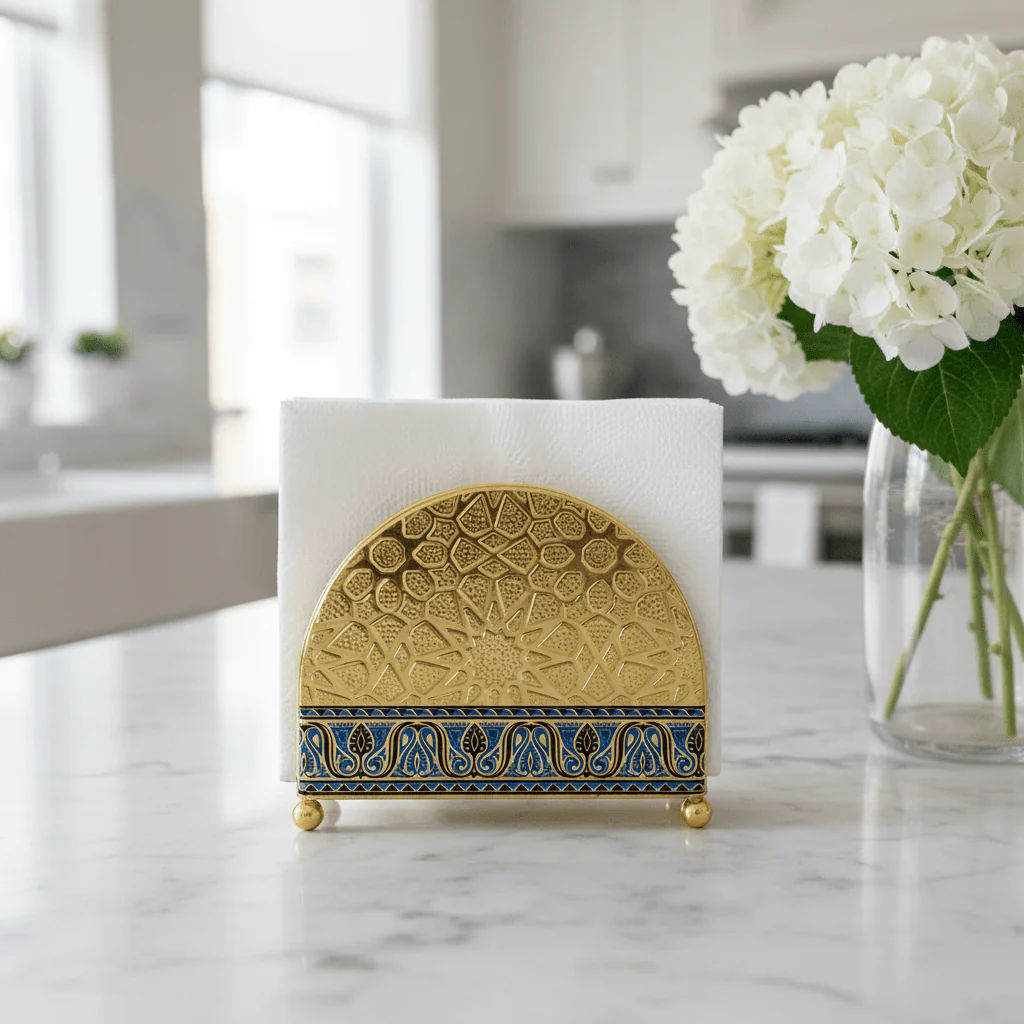 Gold & Blue Enamel Metal Napkin Holder with Geometric Pattern | Decorative Table Organiser | 10×13cm | Majlis & Fine Dining Décor - Image 4
