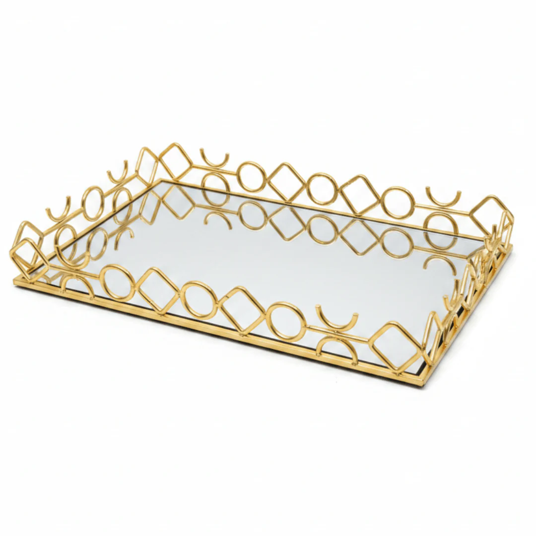 Golden Metal & Glass Mirror Serving Tray Ornate Geometric Lattice Design 44×30cm