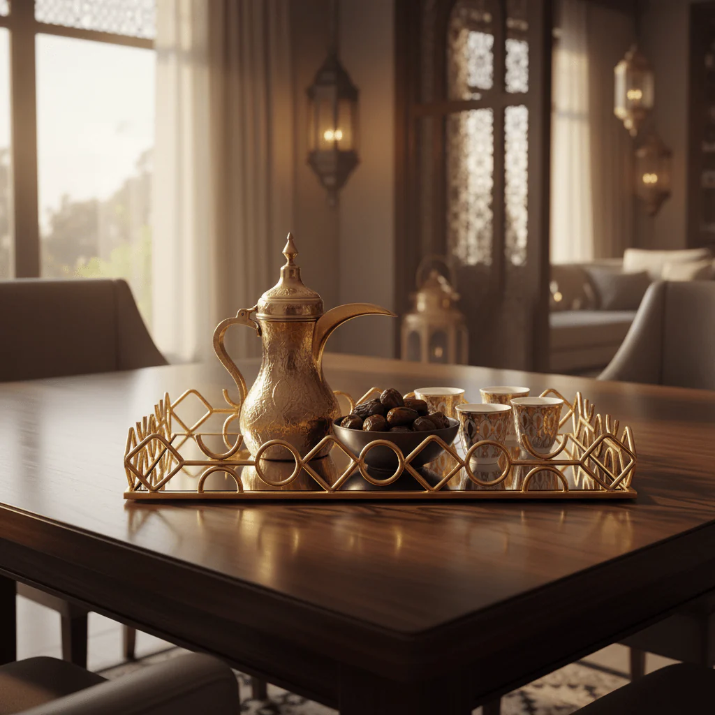 Golden Metal & Glass Mirror Serving Tray Ornate Geometric Lattice Design 44×30cm - Image 3