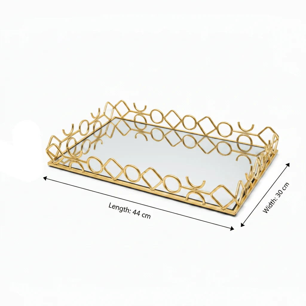 Golden Metal & Glass Mirror Serving Tray Ornate Geometric Lattice Design 44×30cm - Image 5