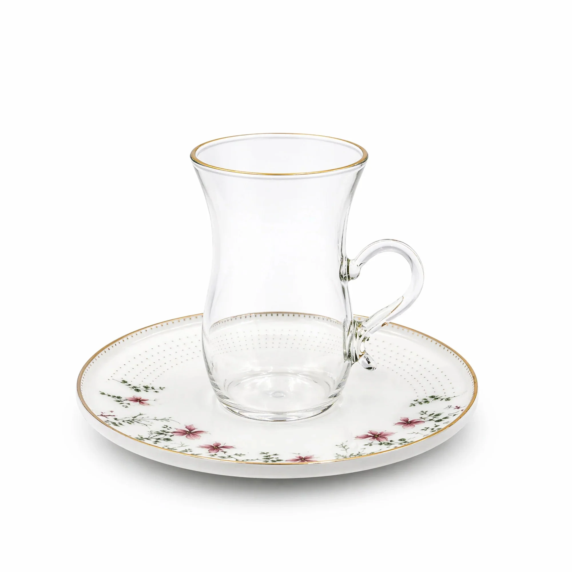 ABL GP-154 Glass Tea Cup & Saucer Set – 12 Pieces – Clear Glass with Gold Rim & Floral Saucer Elegant Tea Set