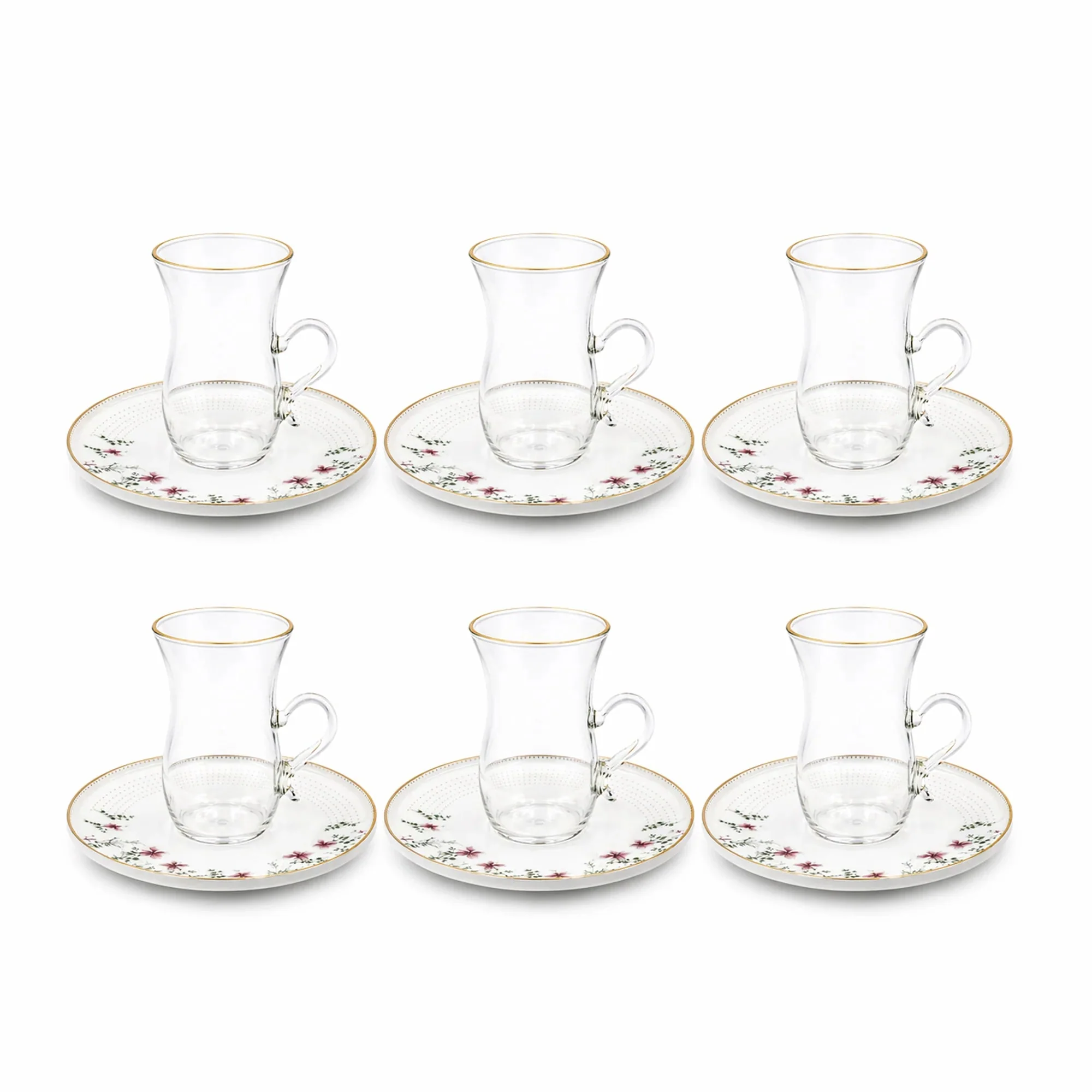 ABL GP-154 Glass Tea Cup & Saucer Set – 12 Pieces – Clear Glass with Gold Rim & Floral Saucer Elegant Tea Set - Image 2