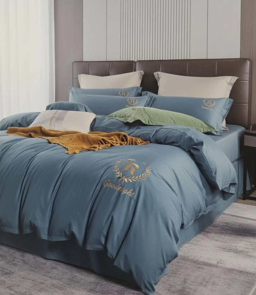 GrandMilestones Steel Blue Nylon-Cotton 4-Piece Bedsheet Set with 200x230cm Quilt Cover and 2 Pillowcases