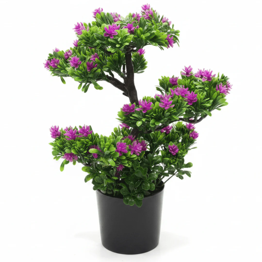 Artificial Bonsai Tree with Purple Blooms — 35cm | Black Vase | Premium Home Décor