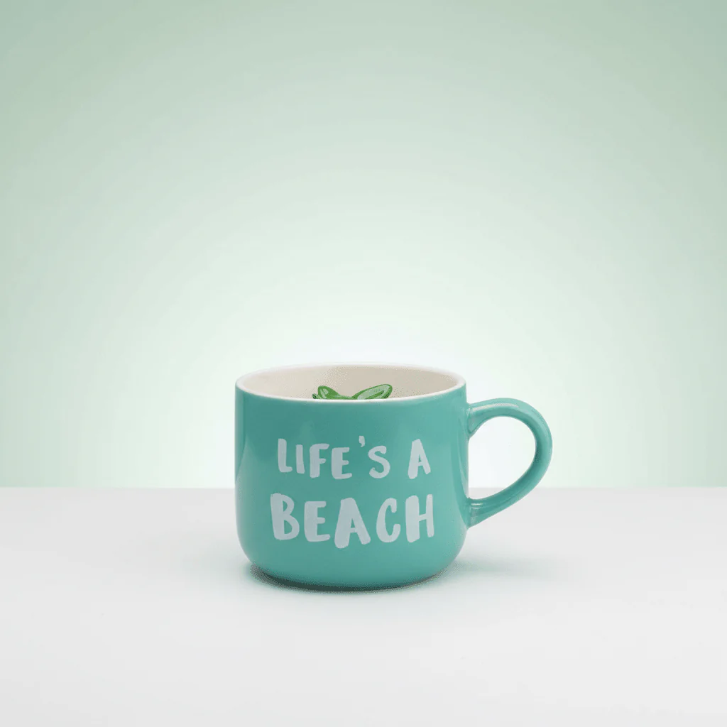 Life's A Beach Ceramic Mug with Hidden Plant Surprise — 400ml | Teal & White - Image 4