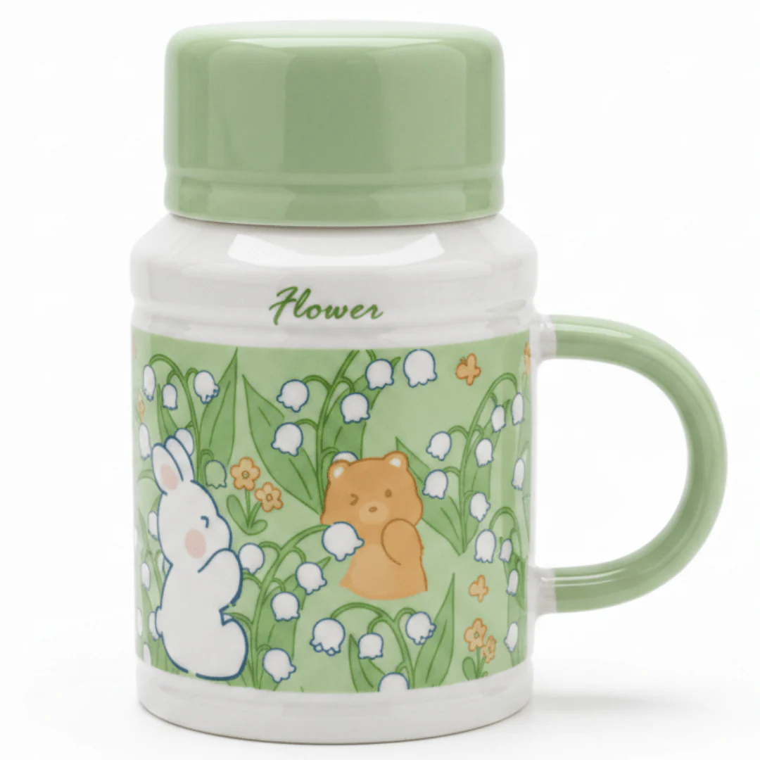 Flower Ceramic Mug with Lid | 400ml | Sage Green & White | Cute Bunny & Bear Design