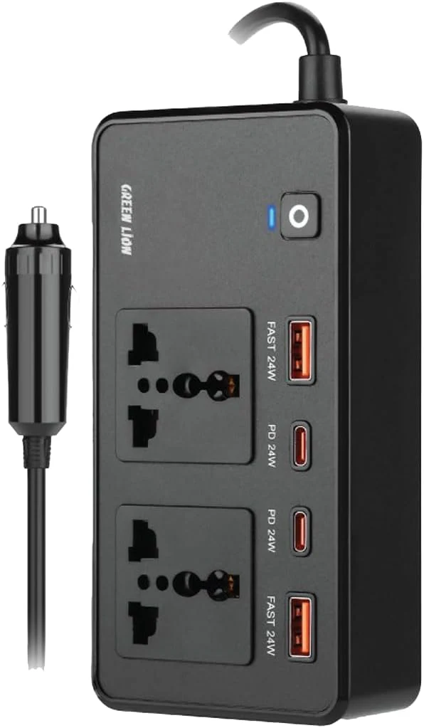 Green Lion Car Power Inverter 200W, 2×AC Universal Sockets, 2×USB-A & 2×USB-C Ports, PD 24W, QC 3.0 Charging, Durable Flame Retardant Material, Fast Charge Car Charger for Laptop, iPhone, Tablet