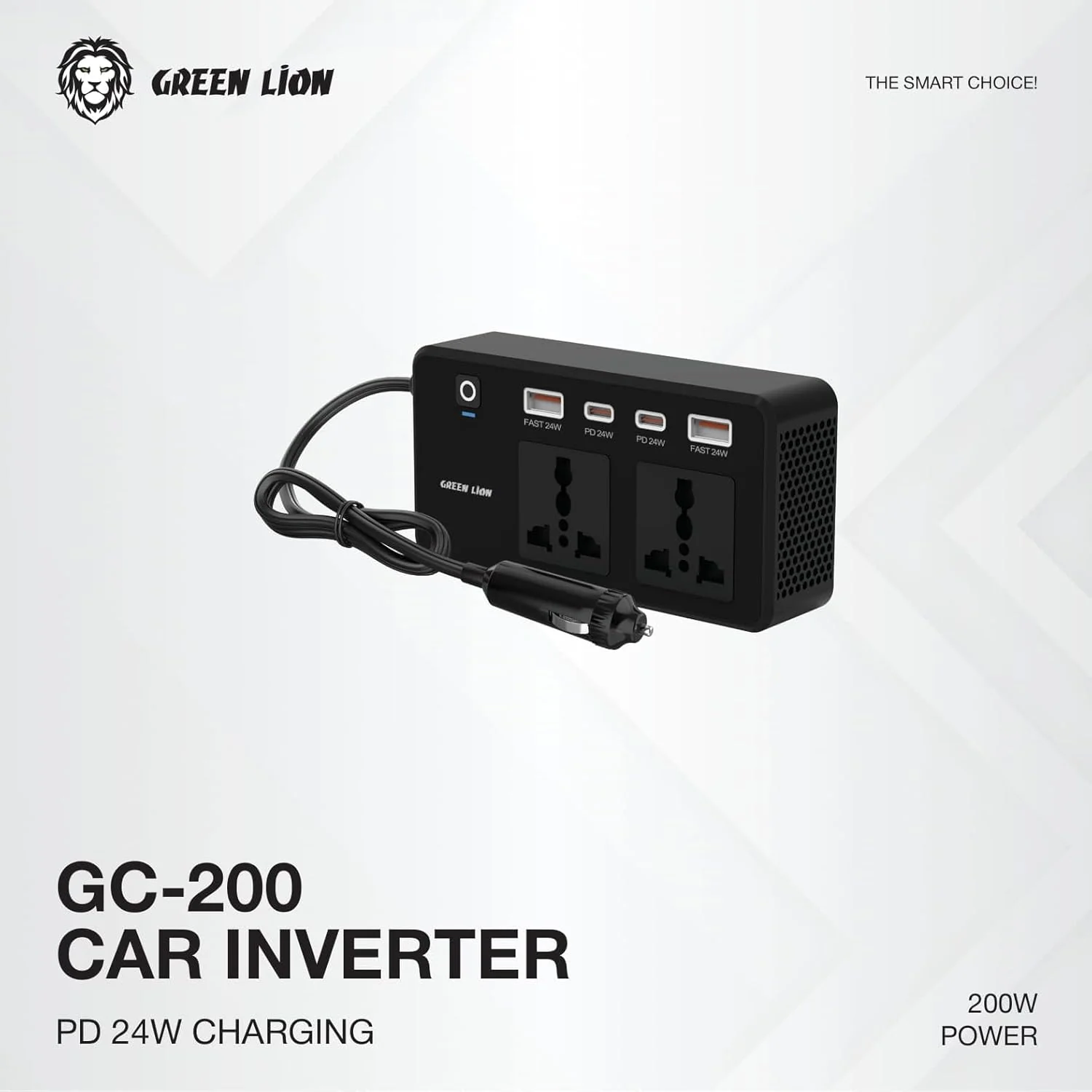 Green Lion Car Power Inverter 200W, 2×AC Universal Sockets, 2×USB-A & 2×USB-C Ports, PD 24W, QC 3.0 Charging, Durable Flame Retardant Material, Fast Charge Car Charger for Laptop, iPhone, Tablet - Image 2