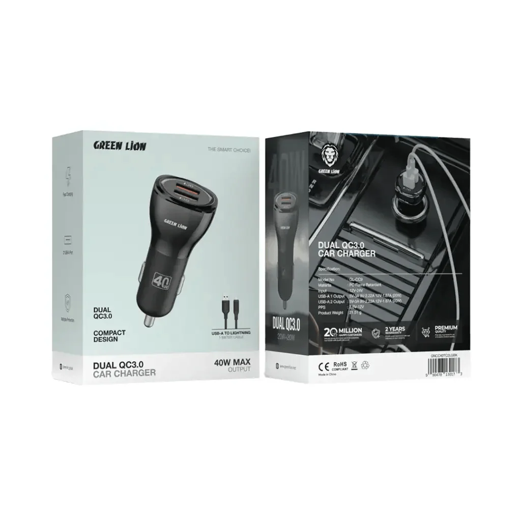 GREEN LION Dual Port Car Charger 40 Watt + USB-A to Lightning Cable, 1 meter Length - Image 2