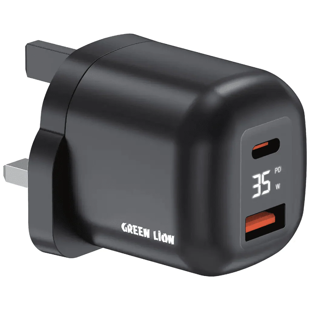 Green Lion Q- Series Uk Plug Gan Charger Usb-C&A Port Pd35W+ Qc3.0 with Real Time Display - Black