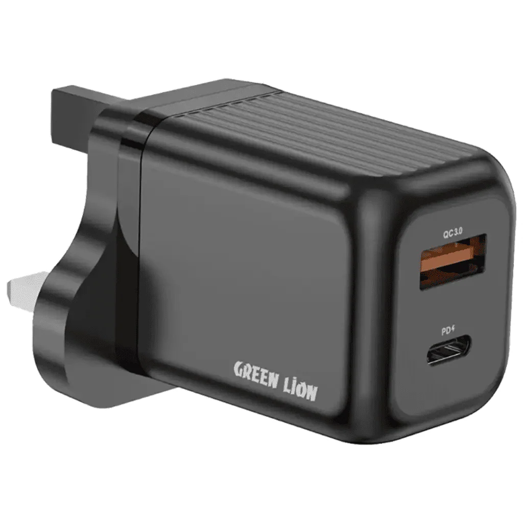 Green Lion Ultra Compact GaN 45W Wall Charger with 1m USB-C to USB-C Cable, QC3.0 Port - Black