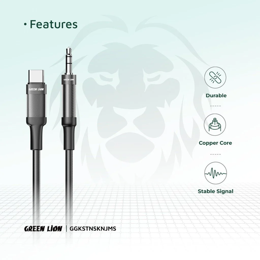 Green Lion USB-C to AUX Braided Cable 1M, Stable Signal, Durable Material, Copper Core, 10000 Bends Life Span, Wide Compatibility, Secure & Reliable - Black - Image 2