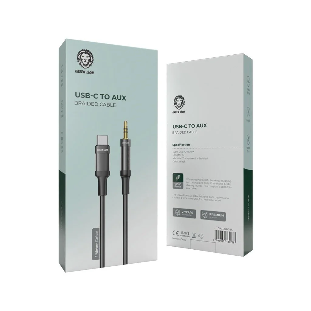 Green Lion USB-C to AUX Braided Cable 1M, Stable Signal, Durable Material, Copper Core, 10000 Bends Life Span, Wide Compatibility, Secure & Reliable - Black - Image 7