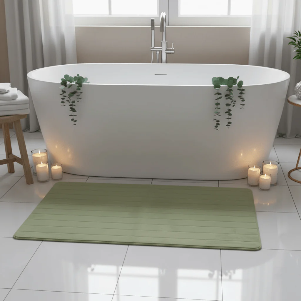 Sage Green Memory Foam Floor Mat | Striped Texture | Extra Large 100×150 cm | Non-Slip Bath & Bedroom Rug - Image 3