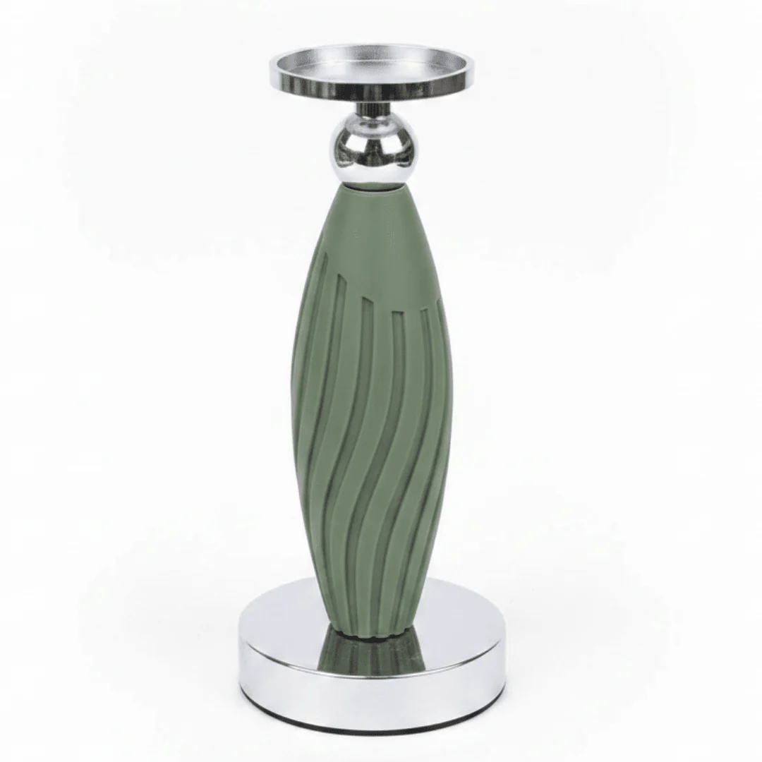 Sage Green Plastic & Metal Textured Pillar Candle Holder with Chrome Accents –  22.5cm