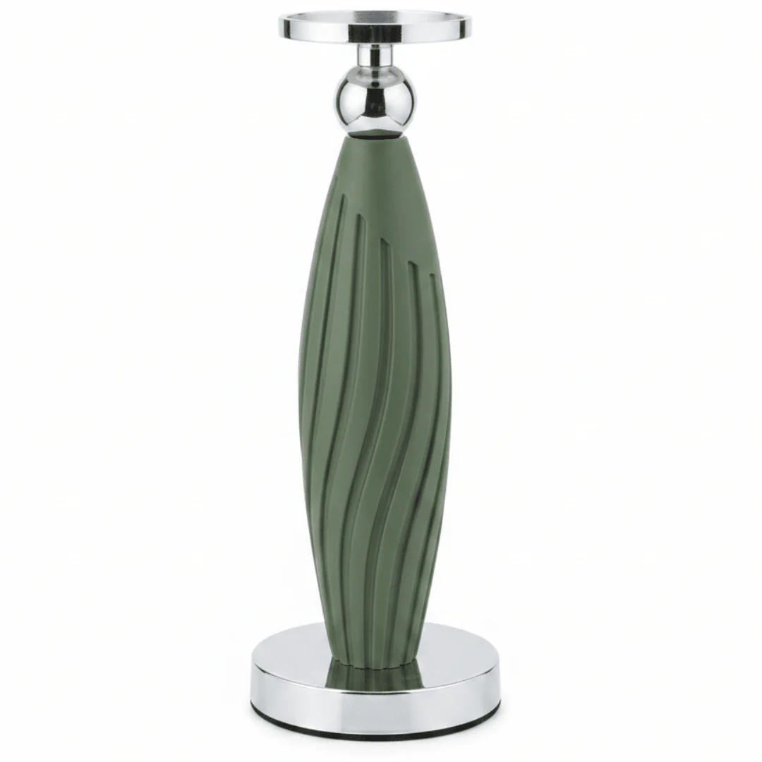 Sage Green Plastic & Metal Textured Pillar Candle Holder with Chrome Accents  – 29cm