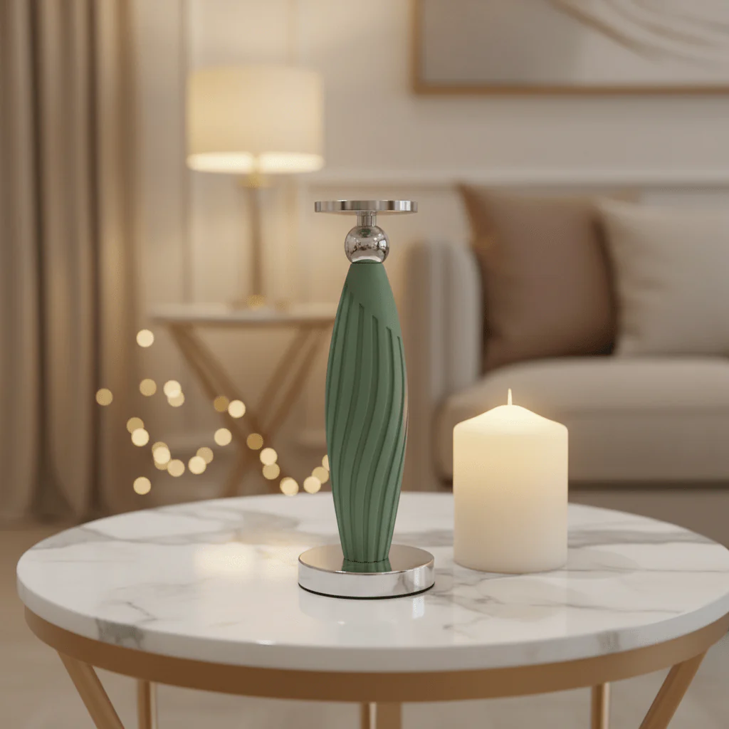 Sage Green Plastic & Metal Textured Pillar Candle Holder with Chrome Accents  – 29cm - Image 2