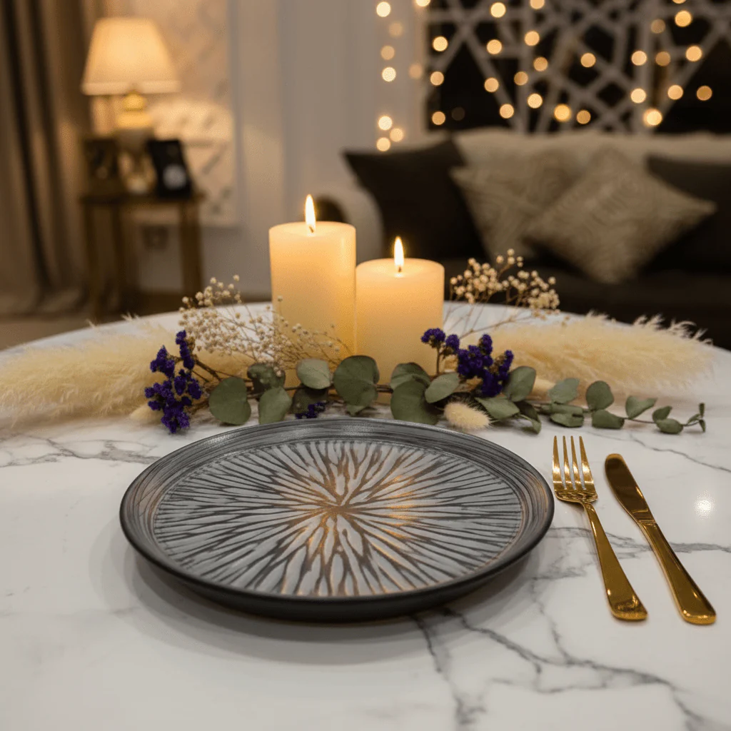 Grey & Black Elegant Ceramic Round Plate — 23cm | Starburst Radial Design - Image 2