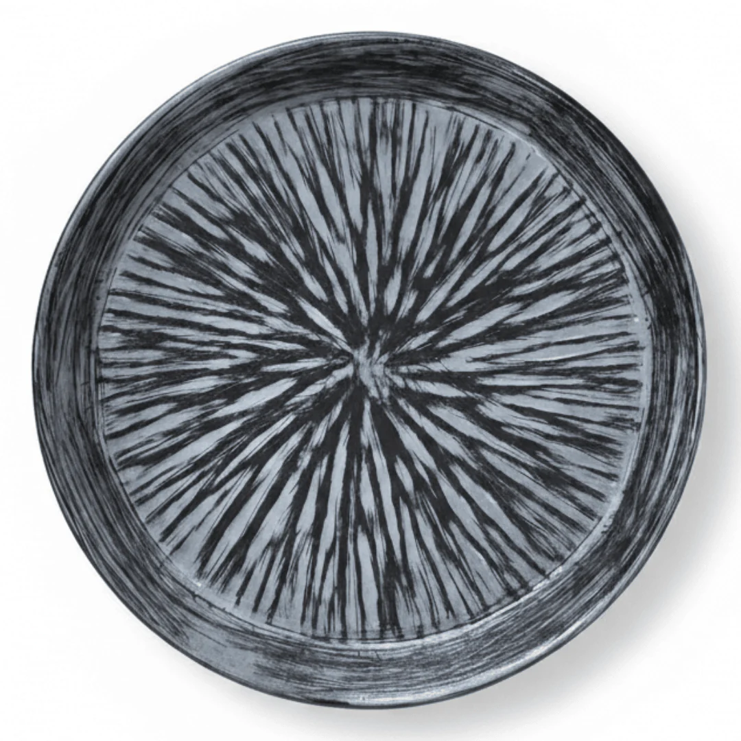 Elegant Grey & Black Ceramic Round Plate 20cm | Starburst Radial Design