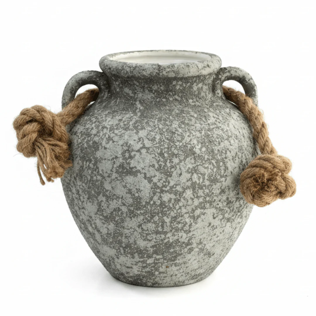 Grey Speckled Ceramic Vase with Jute Rope Handles | Handcrafted Amphora Style Decorative Vase | 25cm |