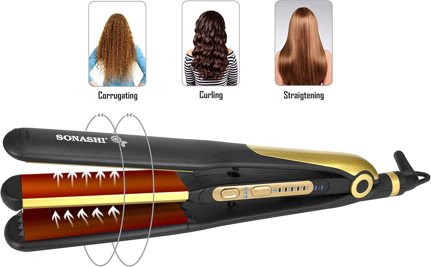 Sonashi 2in1 Hair Straightener & Crimper with Ceramic Coating Plates, Crimper Plate for Creating Waves, Temperature Control & LED Indicator, Versatile Straightening, Hair Iron 70W SHS-2082 Black/Gold - Image 4