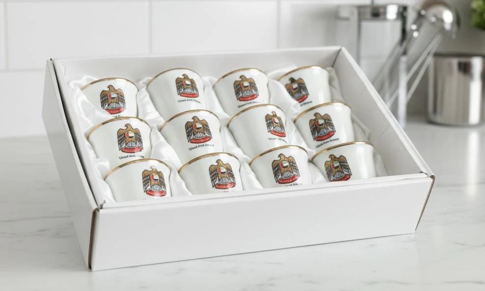 Hafit 12 Pieces 100CC Ceramic Cawa Cup Set with UAE National Design – Elegant Finish for Everyday or Special Use