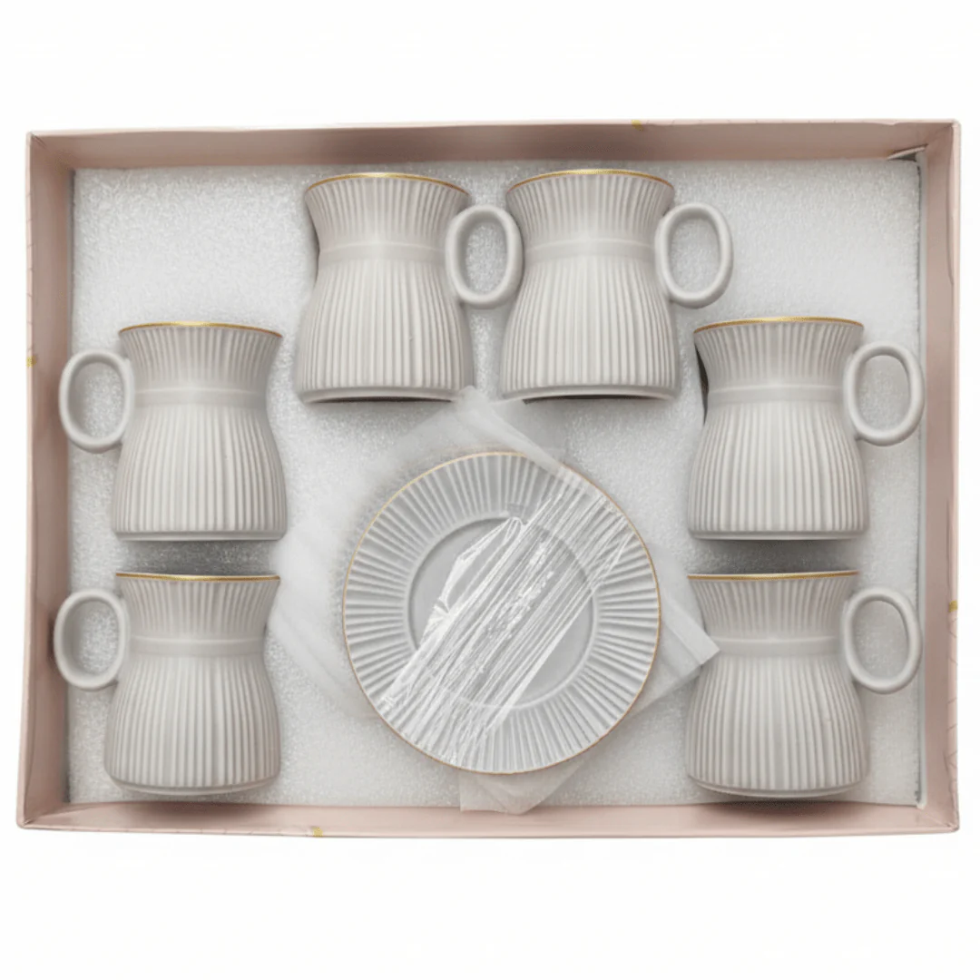 Hamid 12-Piece Ceramic Cup & Saucer Set – Light Gray with Gold Rim | 6 Cups & 6 Saucers